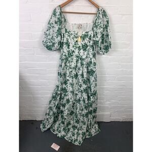 Mille Womens Square-Neck Tiered Midi Dress Puff Sleeve Green White Size M NWT